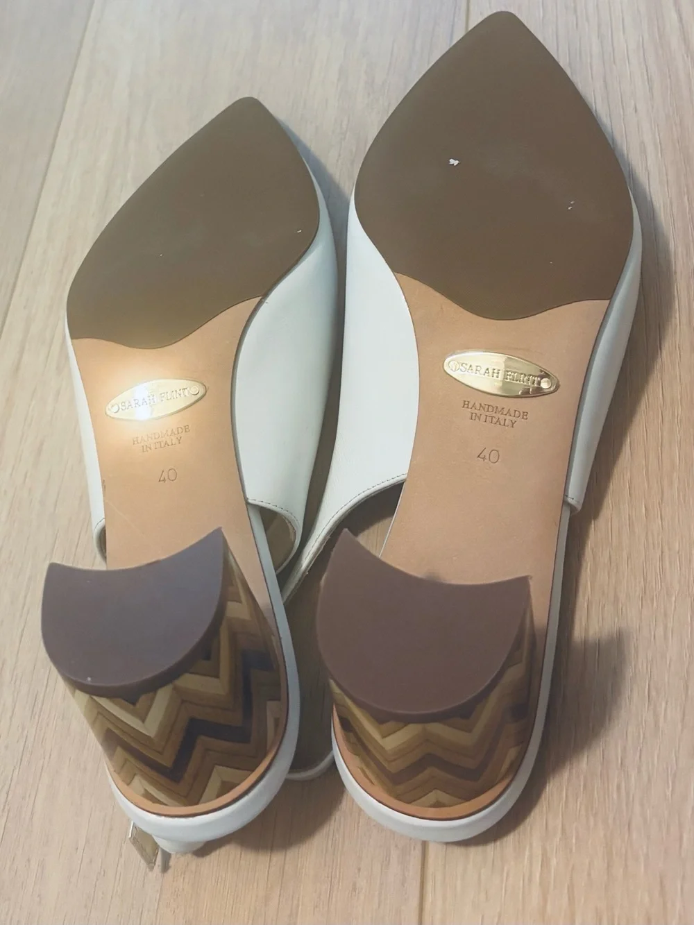 Sarah Flint White Pointed-Toe Slingback Pumps with Patterned Block Heel-Size 9